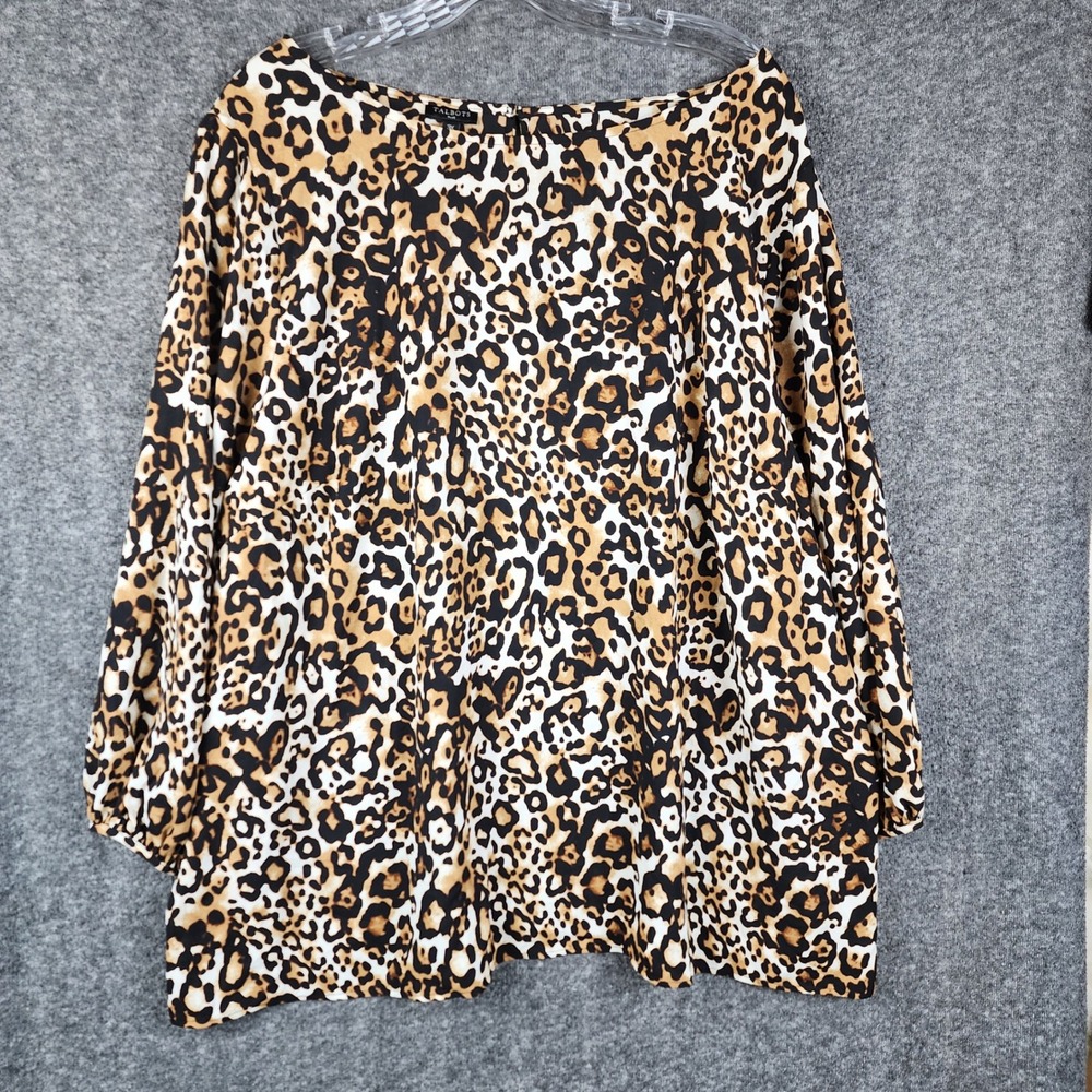 Talbots Blouse Womens‎ 3X Brown Leopard Print Boat Neck Long Sleeve Keyhole Back